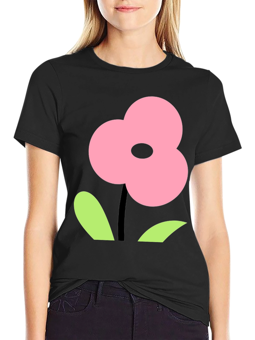 Pink Flower Graphic Black T-Shirt