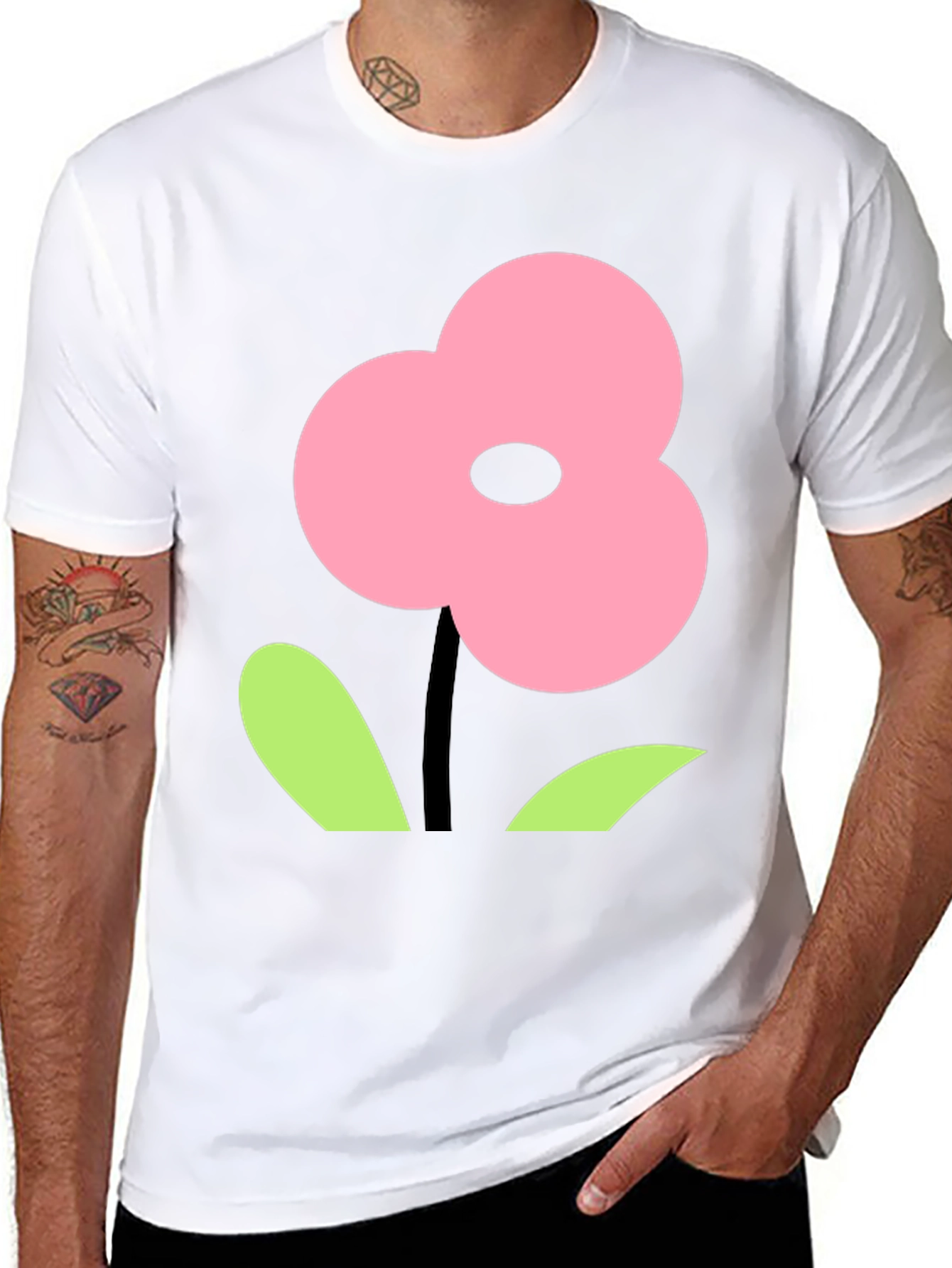 Pink Flower Graphic Black T-Shirt