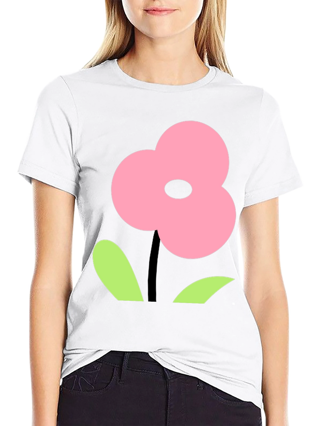 Pink Flower Graphic Black T-Shirt