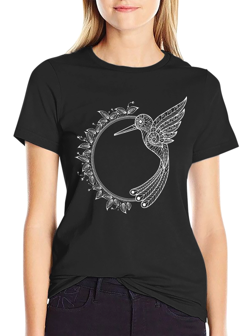 Hummingbird Mandala Graphic Tee - Black Cotton T-Shirt