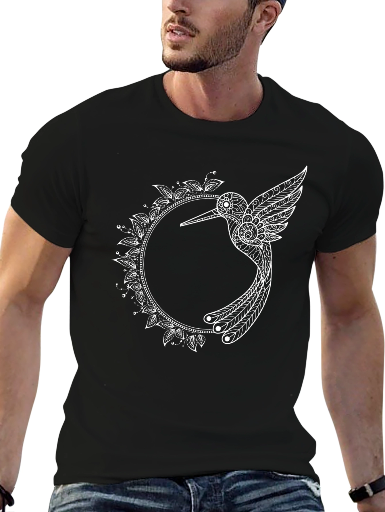 Hummingbird Mandala Graphic Tee - Black Cotton T-Shirt