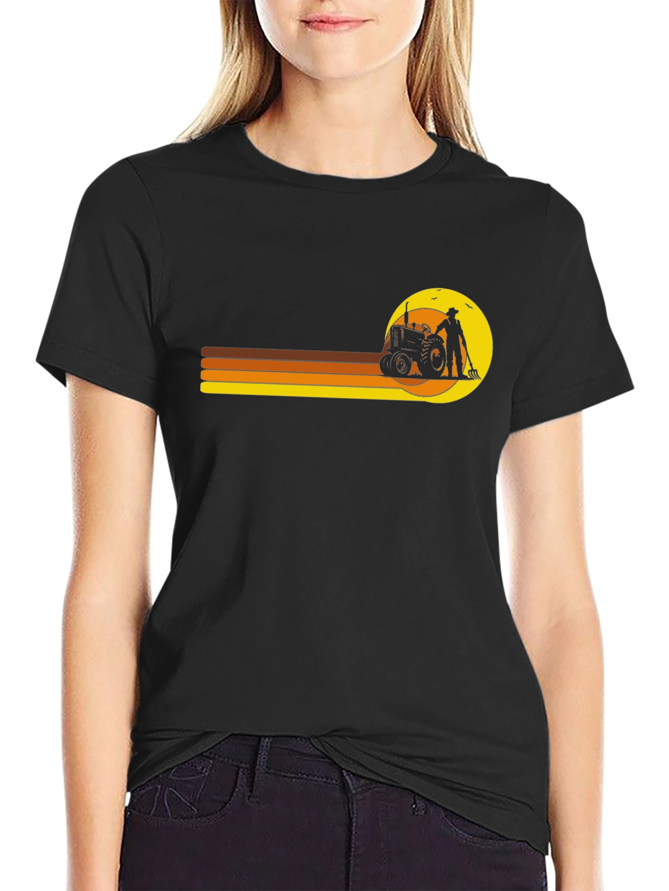 Retro Farmer T-Shirt: Tractor & Sunset Design