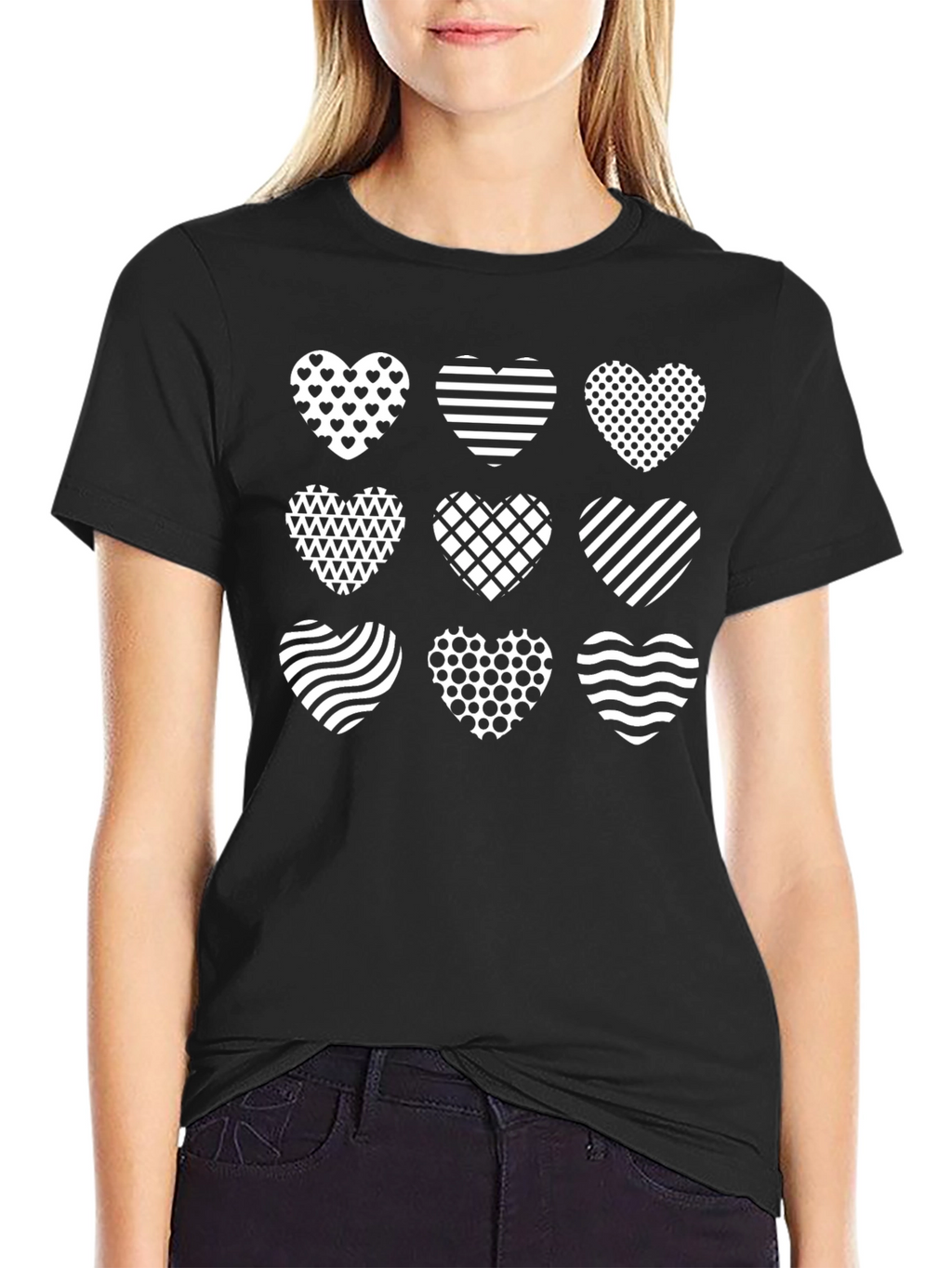 Heart Patterned Black T-Shirt