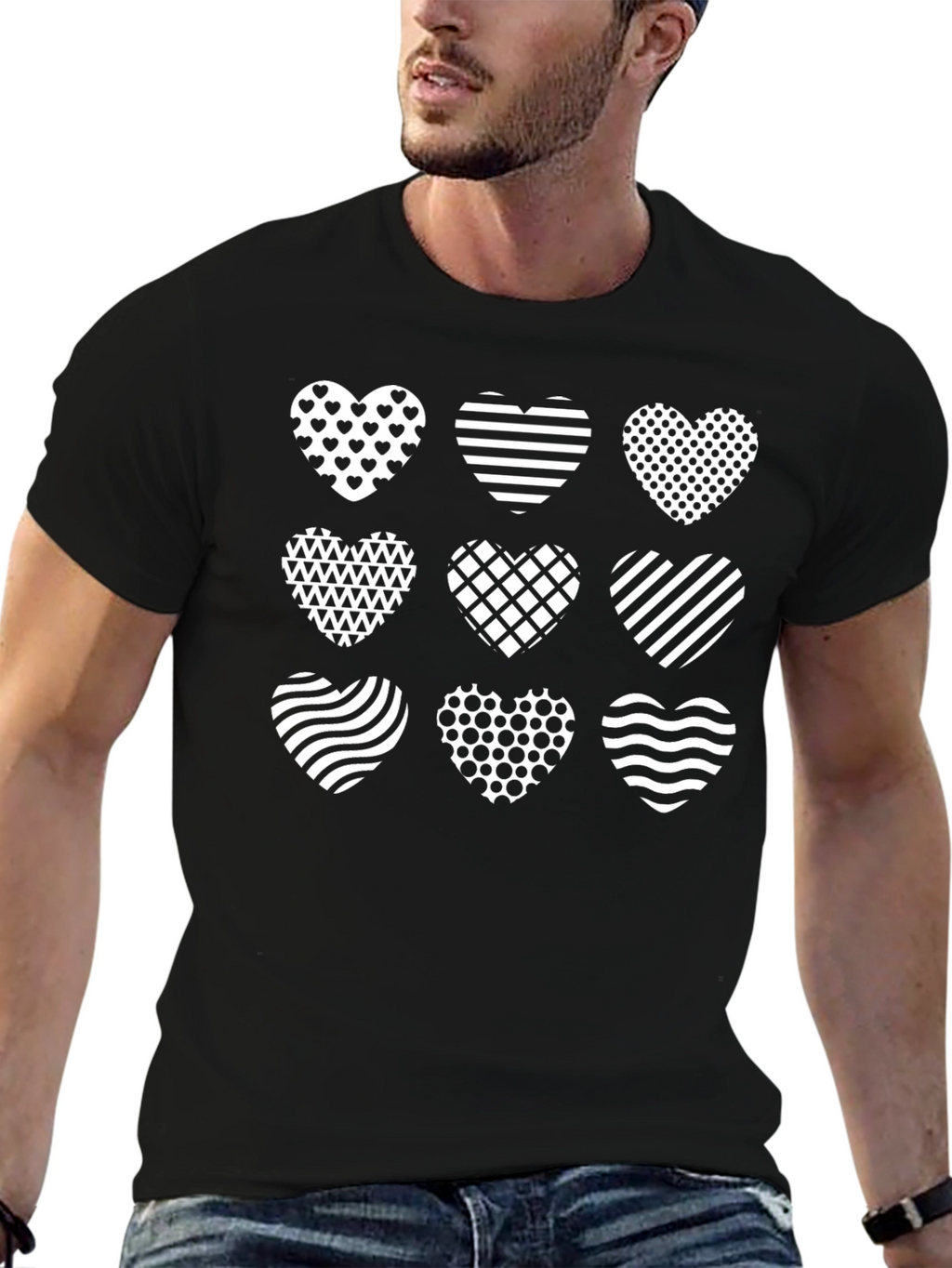 Heart Patterned Black T-Shirt