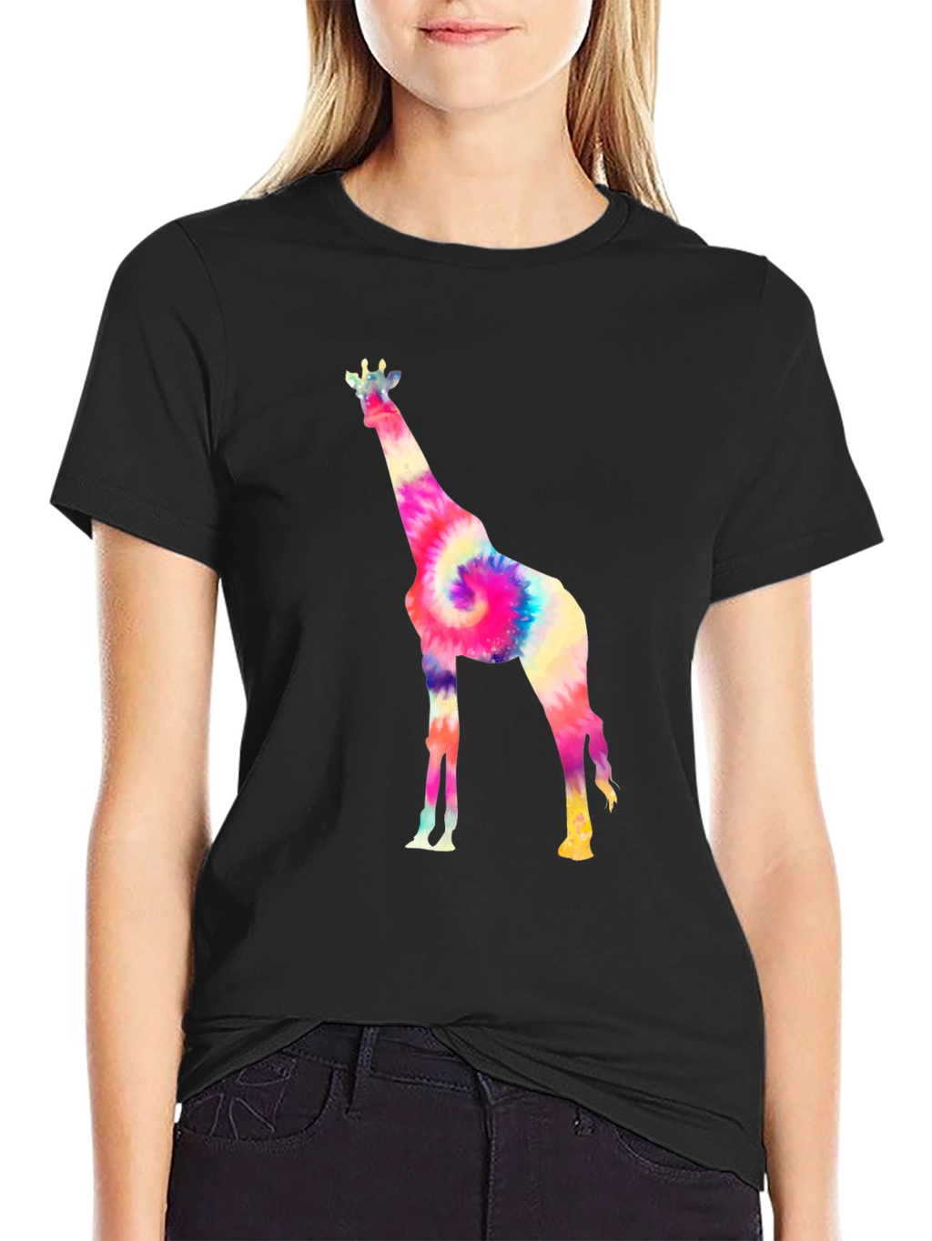 Tie-Dye Giraffe Graphic T-Shirt - Black