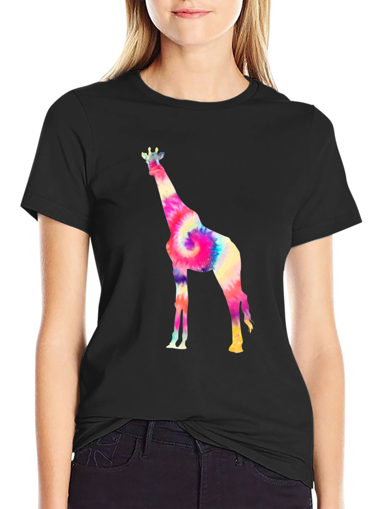 Tie-Dye Giraffe Graphic T-Shirt - Black