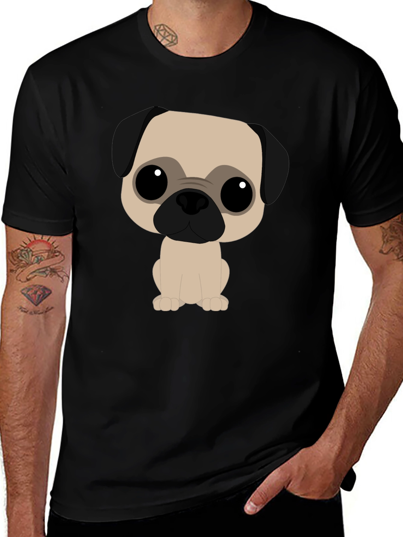 Cartoon Pug Graphic Tee - Black
