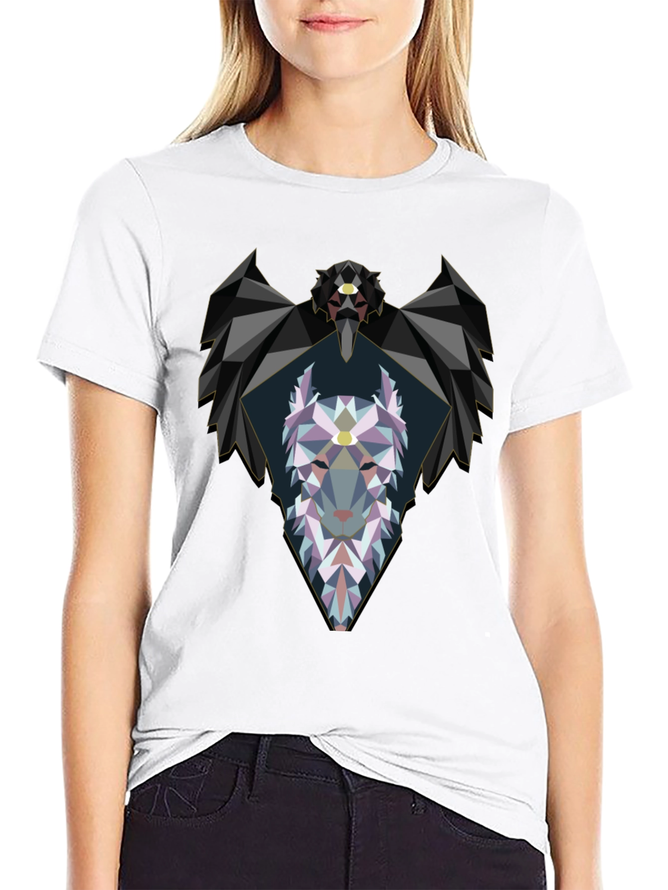 Geometric Wolf Graphic Black T-Shirt
