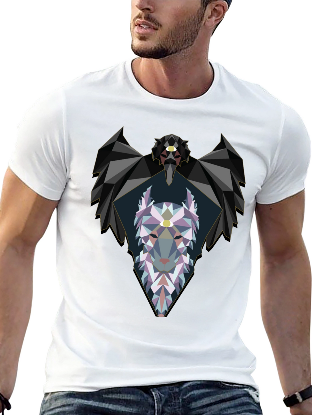 Geometric Wolf Graphic Black T-Shirt