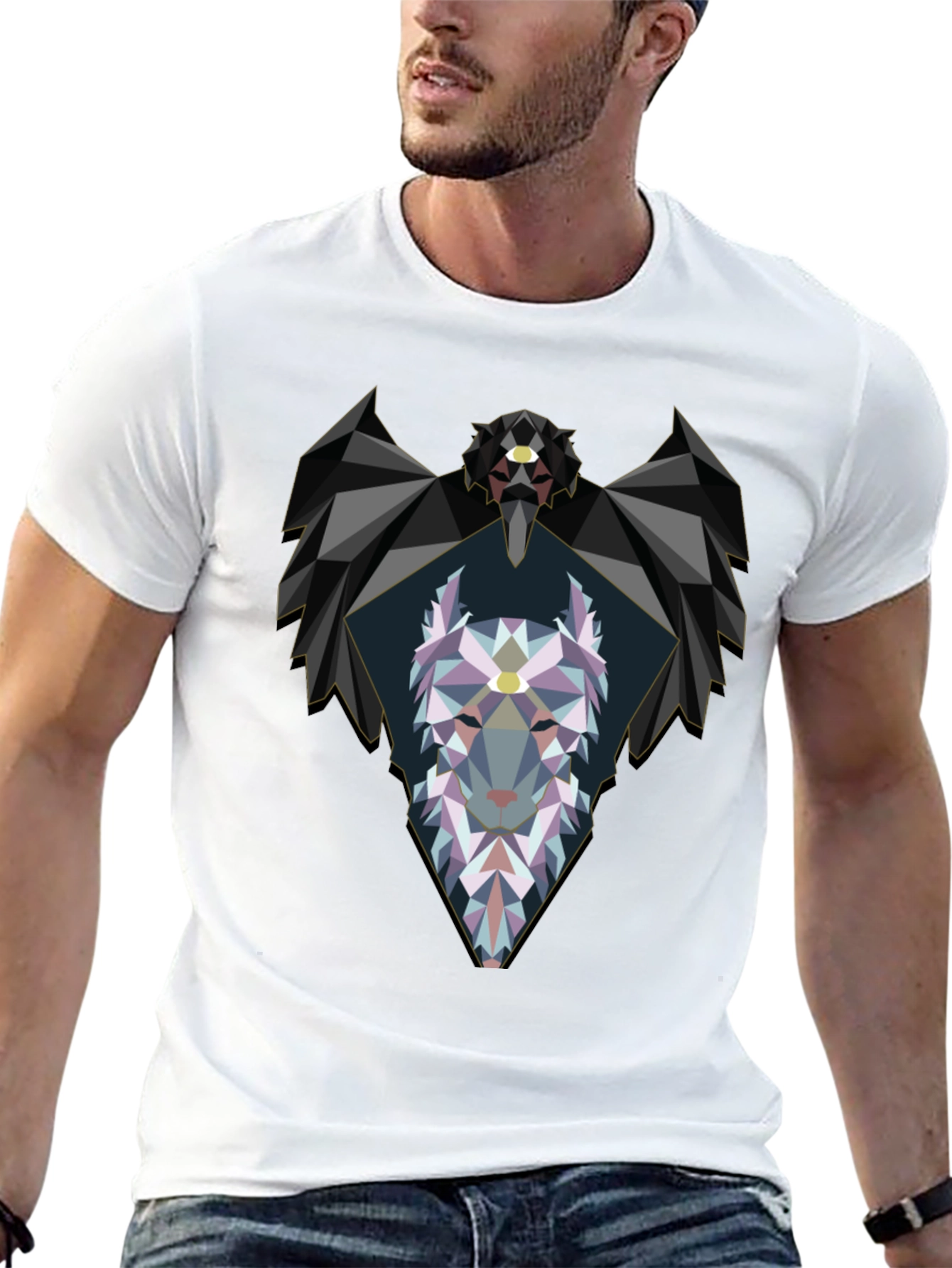 Geometric Wolf Graphic Black T-Shirt