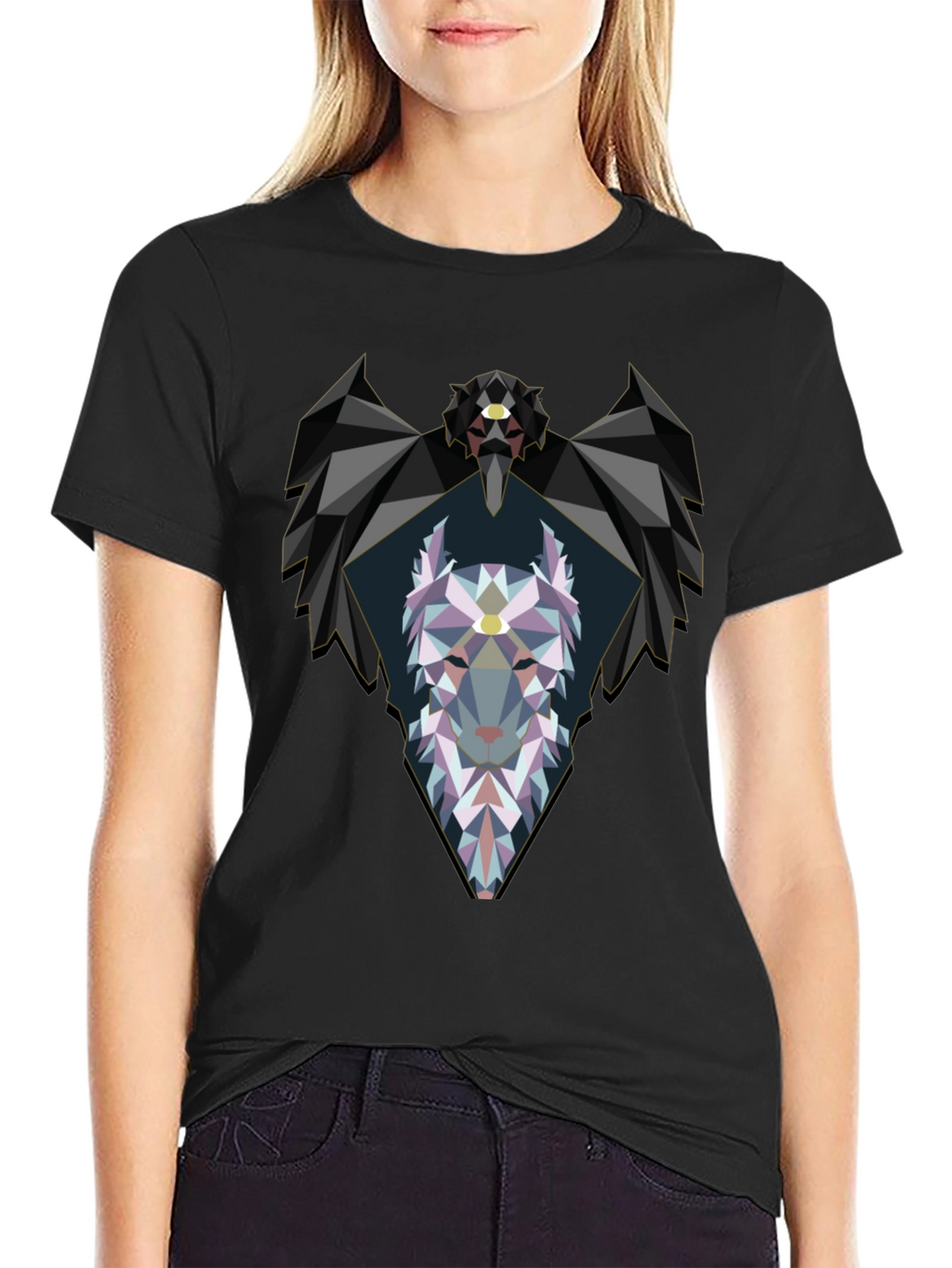 Geometric Wolf Graphic Black T-Shirt