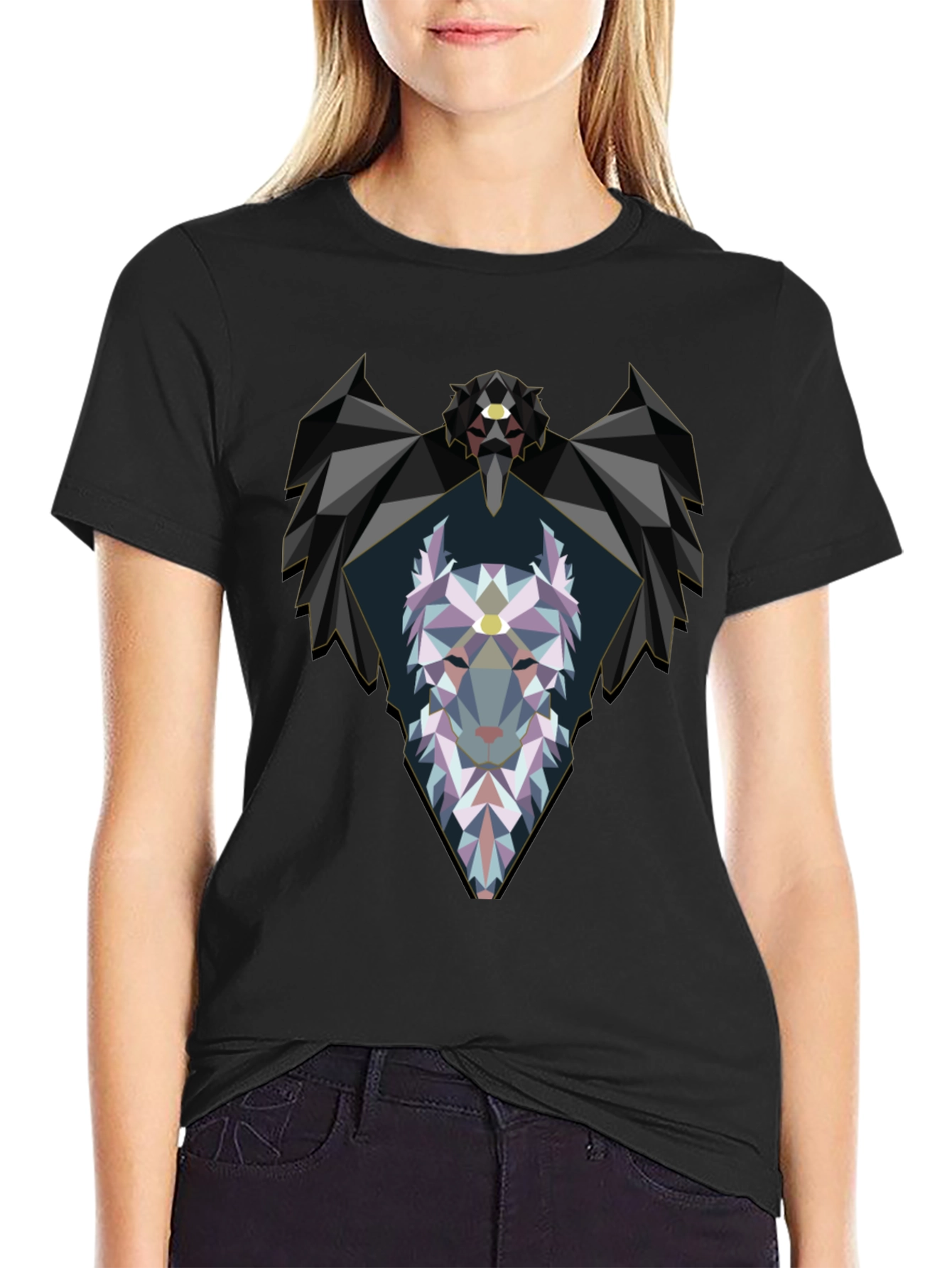 Geometric Wolf Graphic Black T-Shirt
