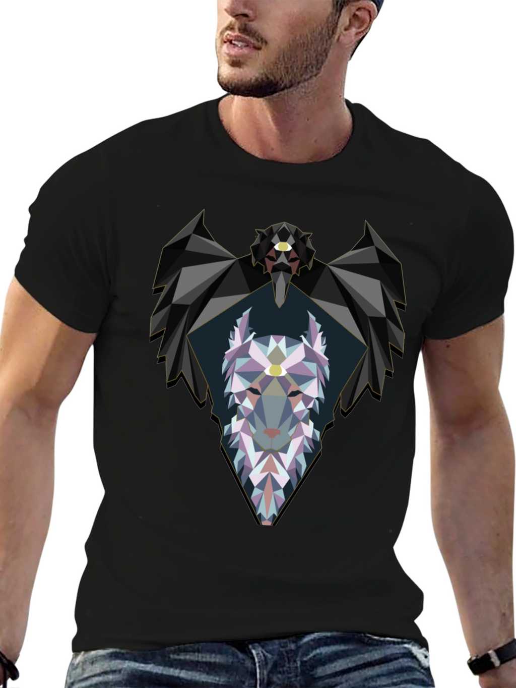 Geometric Wolf Graphic Black T-Shirt