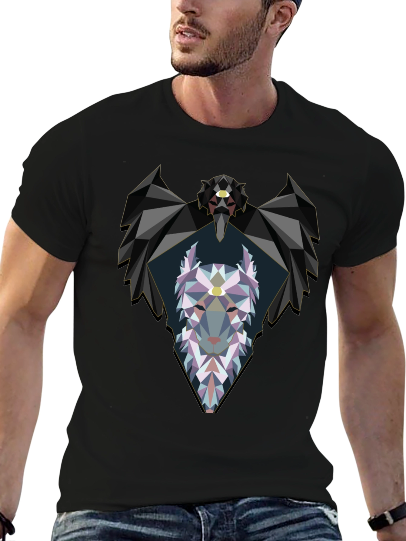 Geometric Wolf Graphic Black T-Shirt