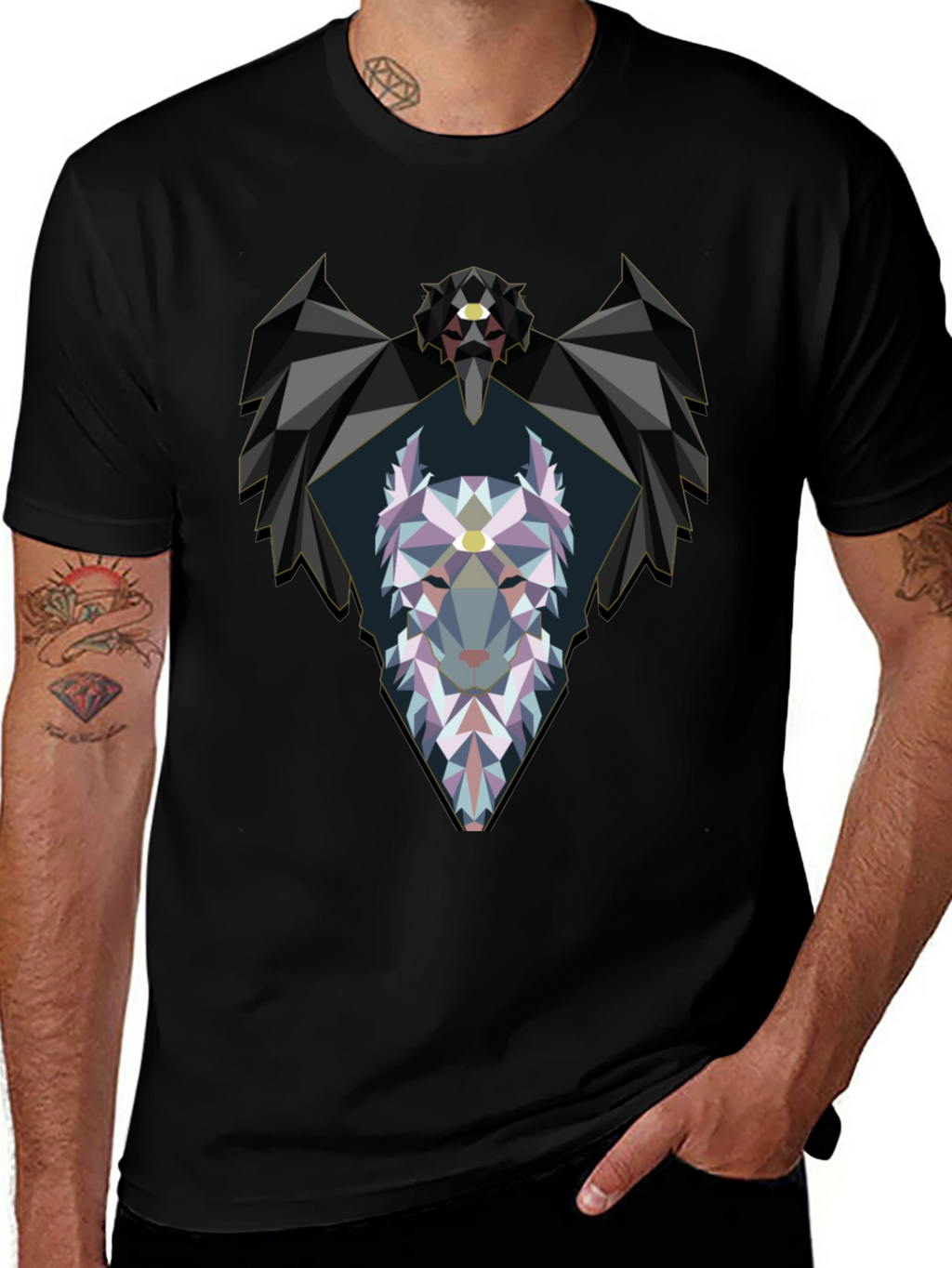 Geometric Wolf Graphic Black T-Shirt
