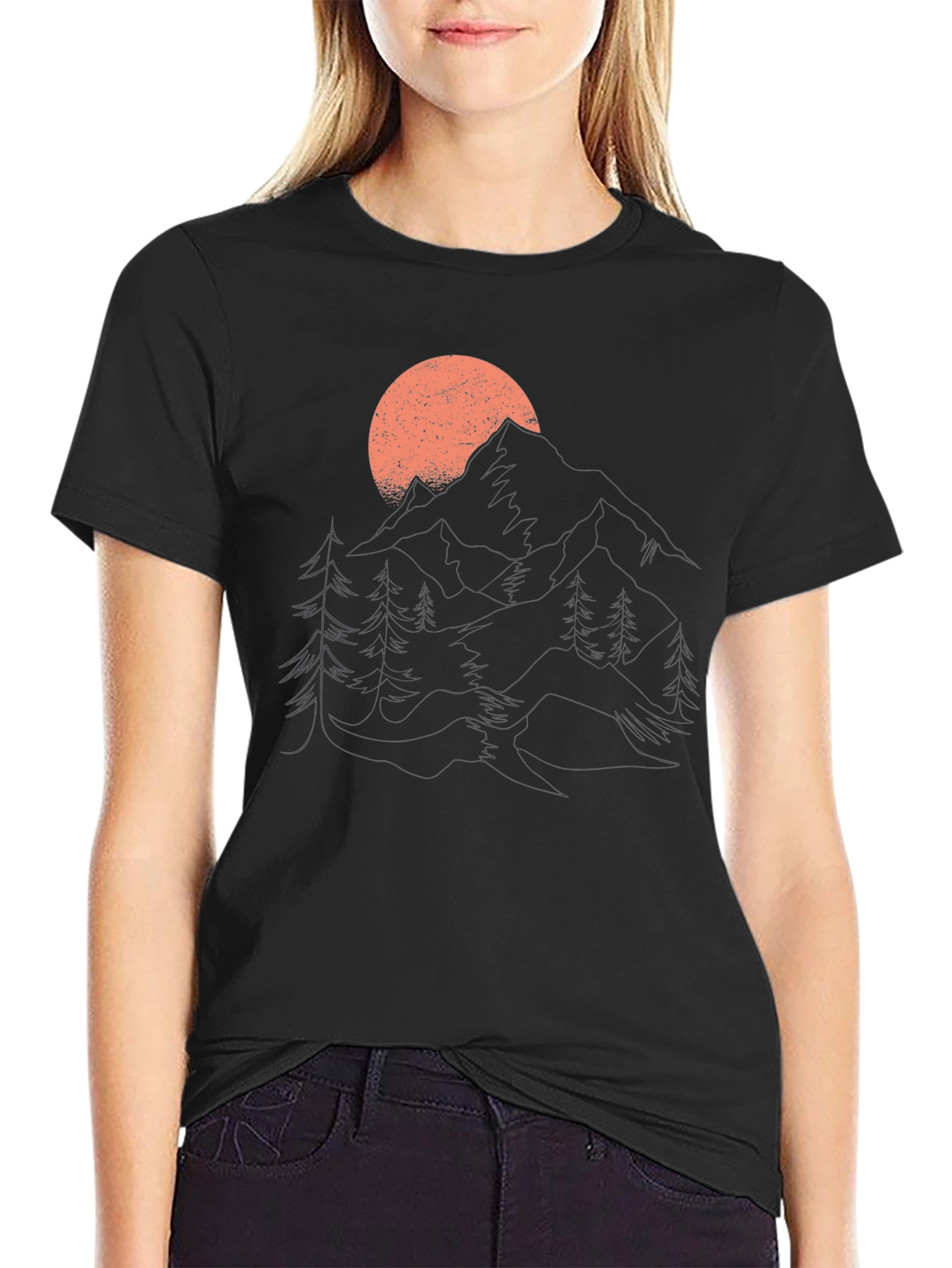 Mountain Sunset Graphic Tee - Black Cotton Casual Shirt