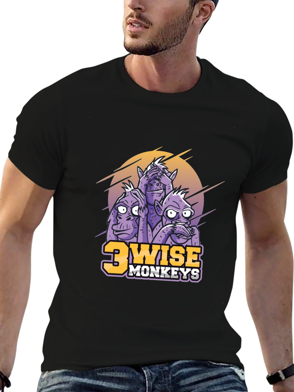 3 Wise Monkeys Graphic Print Black T-Shirt