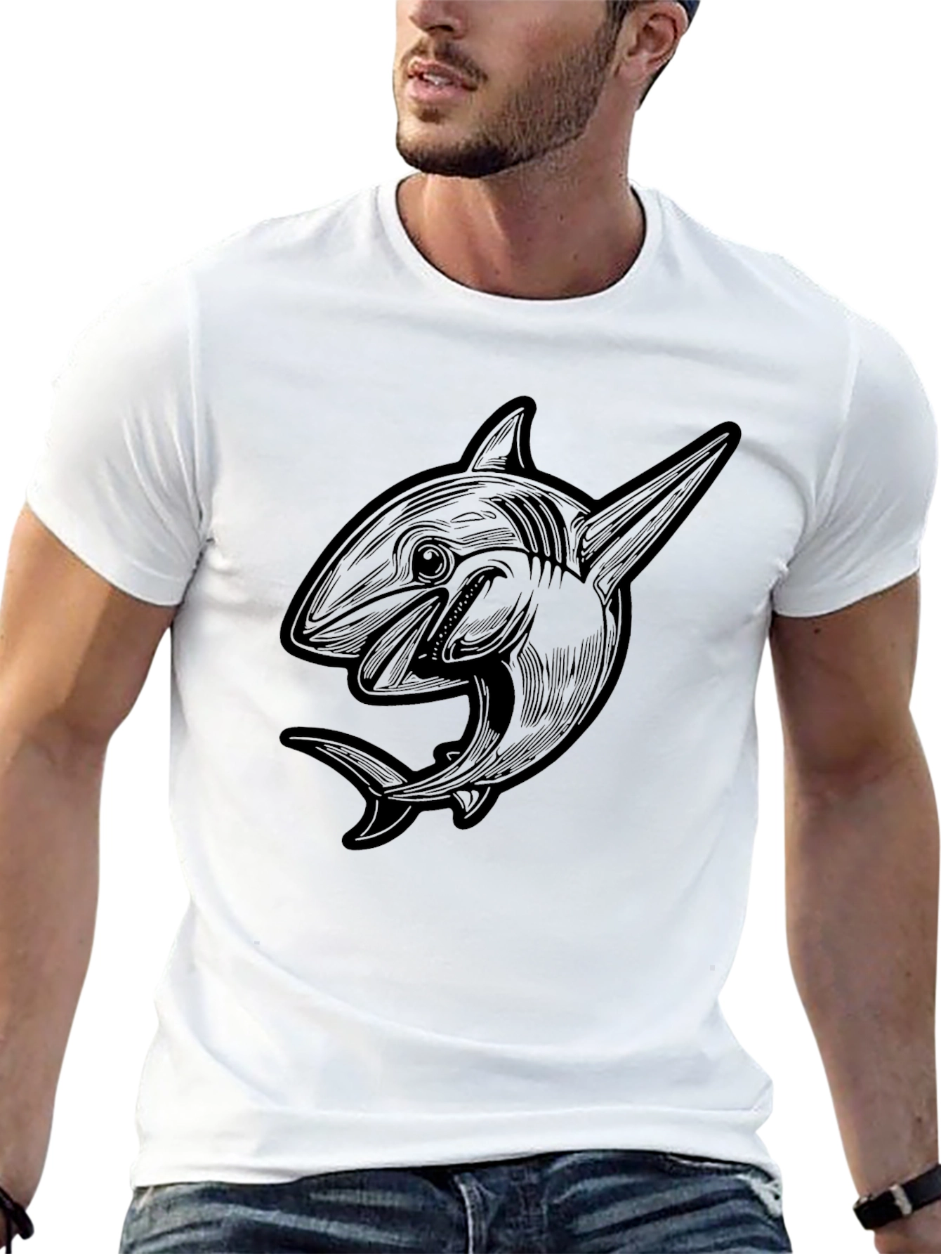 Mens Black Shark Graphic Tee - Cool Design