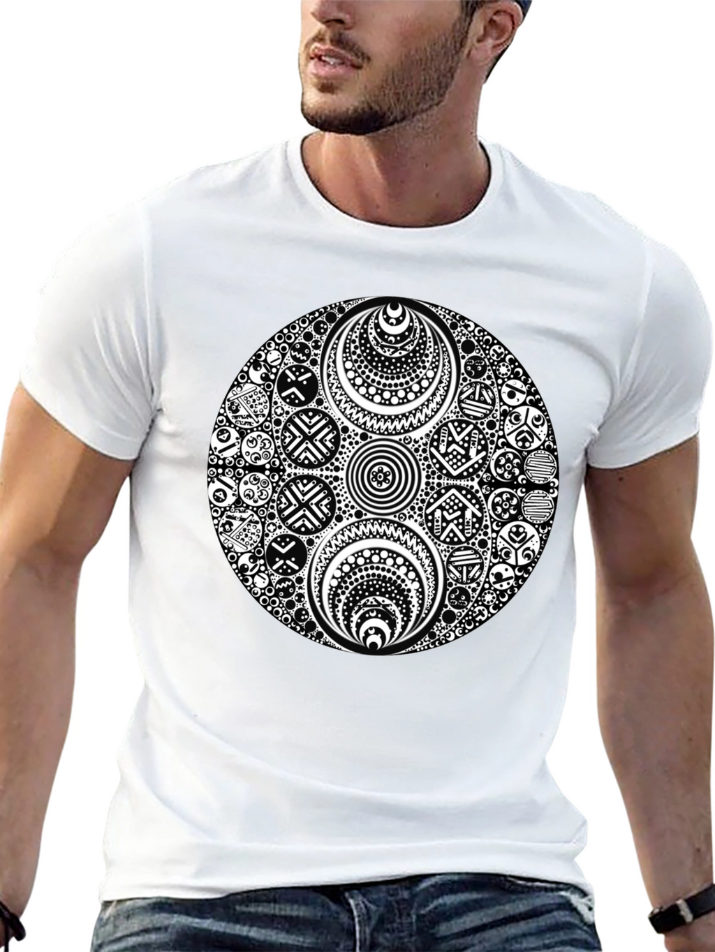 Black T-Shirt with Ornate White Circle Design