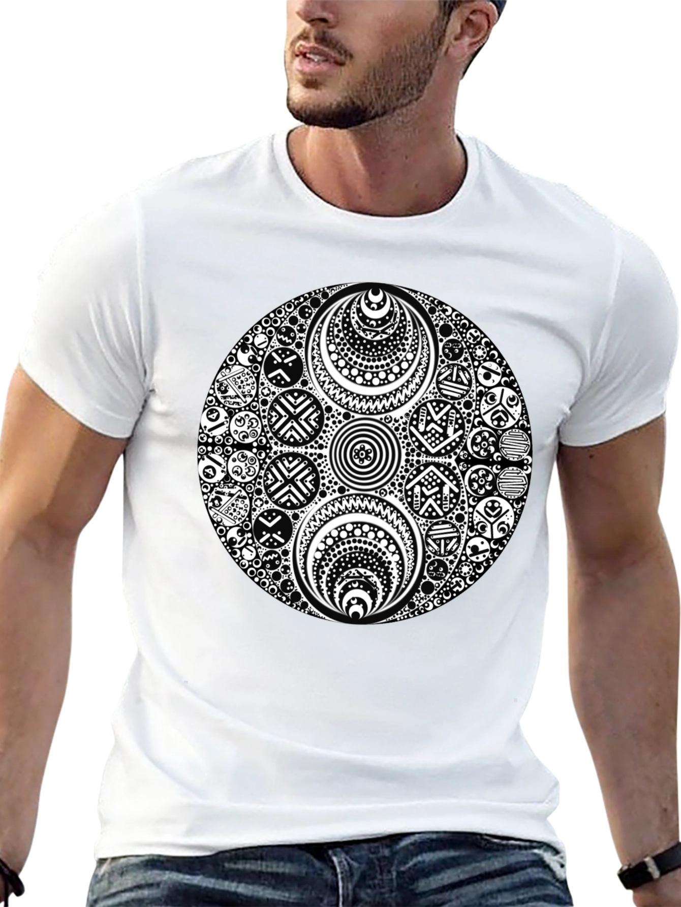Black T-Shirt with Ornate White Circle Design