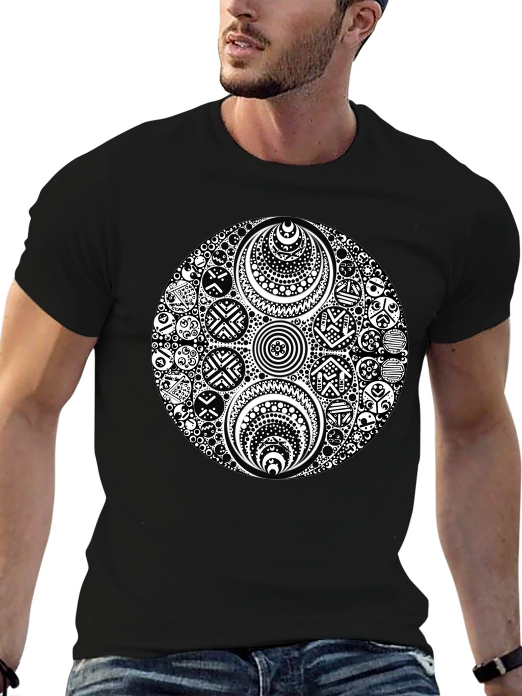 Black T-Shirt with Ornate White Circle Design