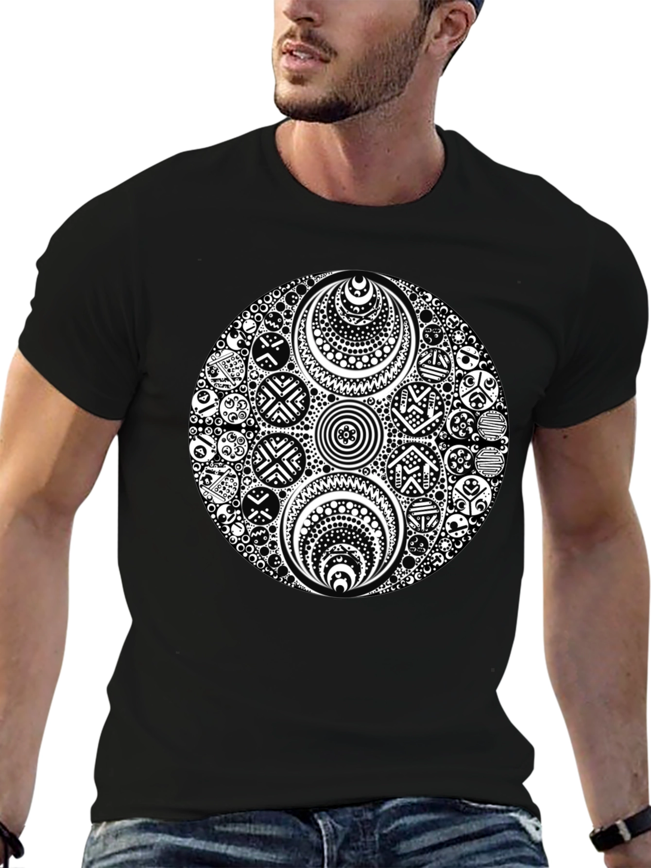 Black T-Shirt with Ornate White Circle Design