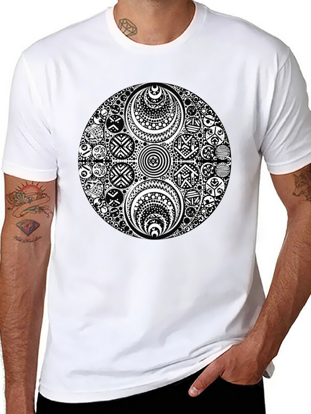 Black T-Shirt with Ornate White Circle Design