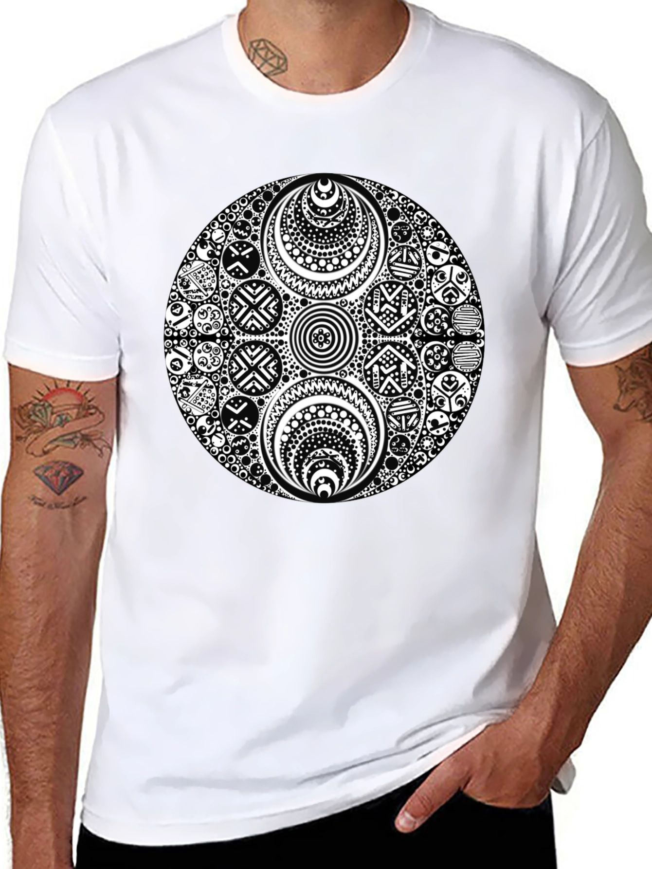Black T-Shirt with Ornate White Circle Design