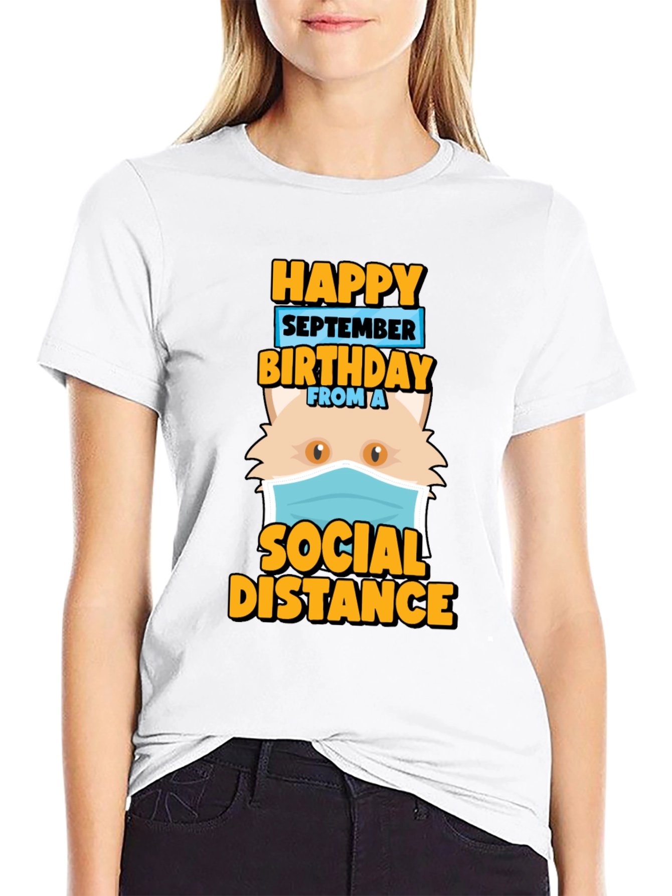 Funny September Birthday Cat Social Distance T-Shirt