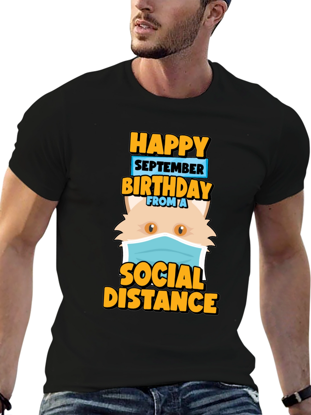 Funny September Birthday Cat Social Distance T-Shirt