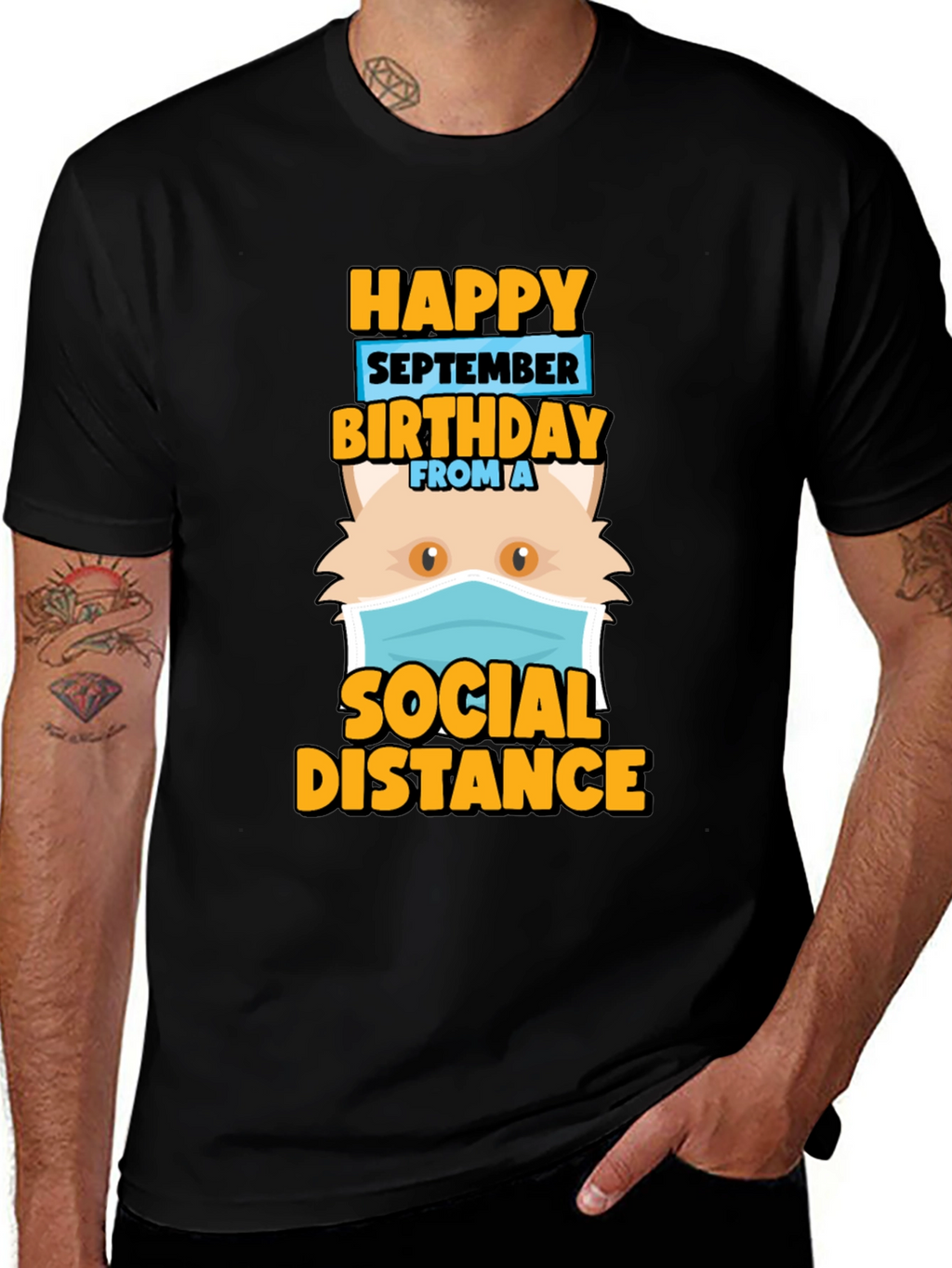 Funny September Birthday Cat Social Distance T-Shirt