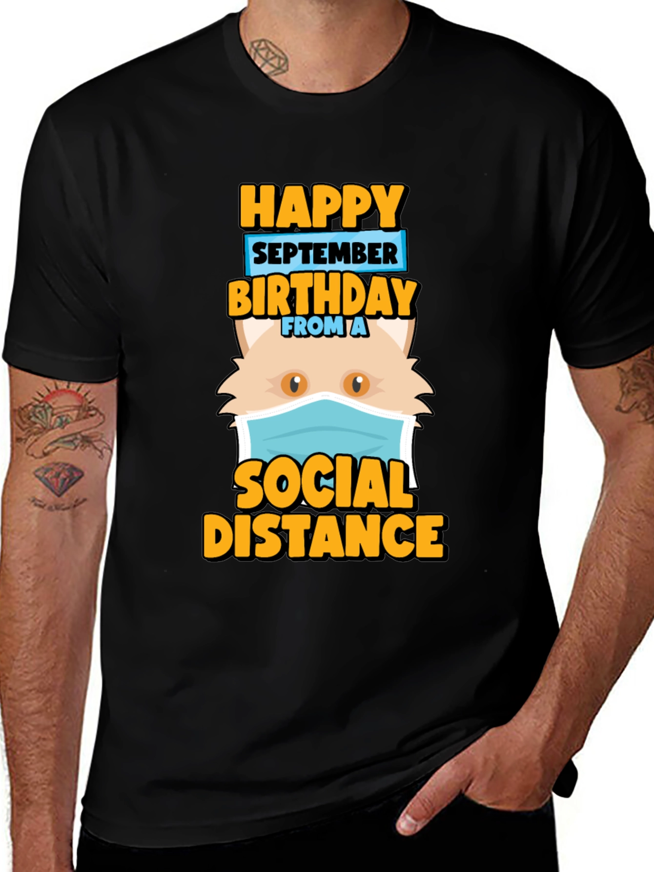 Funny September Birthday Cat Social Distance T-Shirt