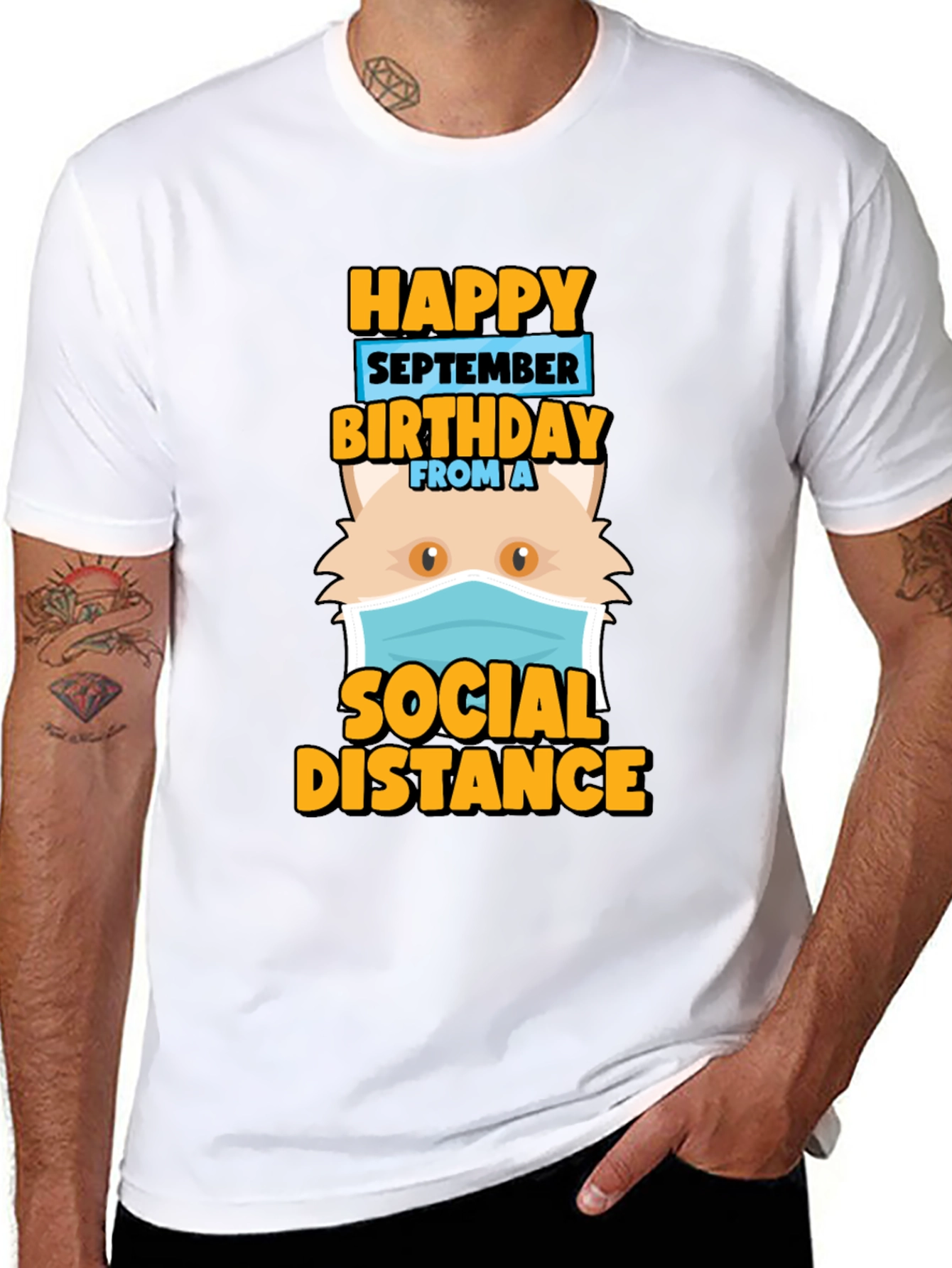Funny September Birthday Cat Social Distance T-Shirt