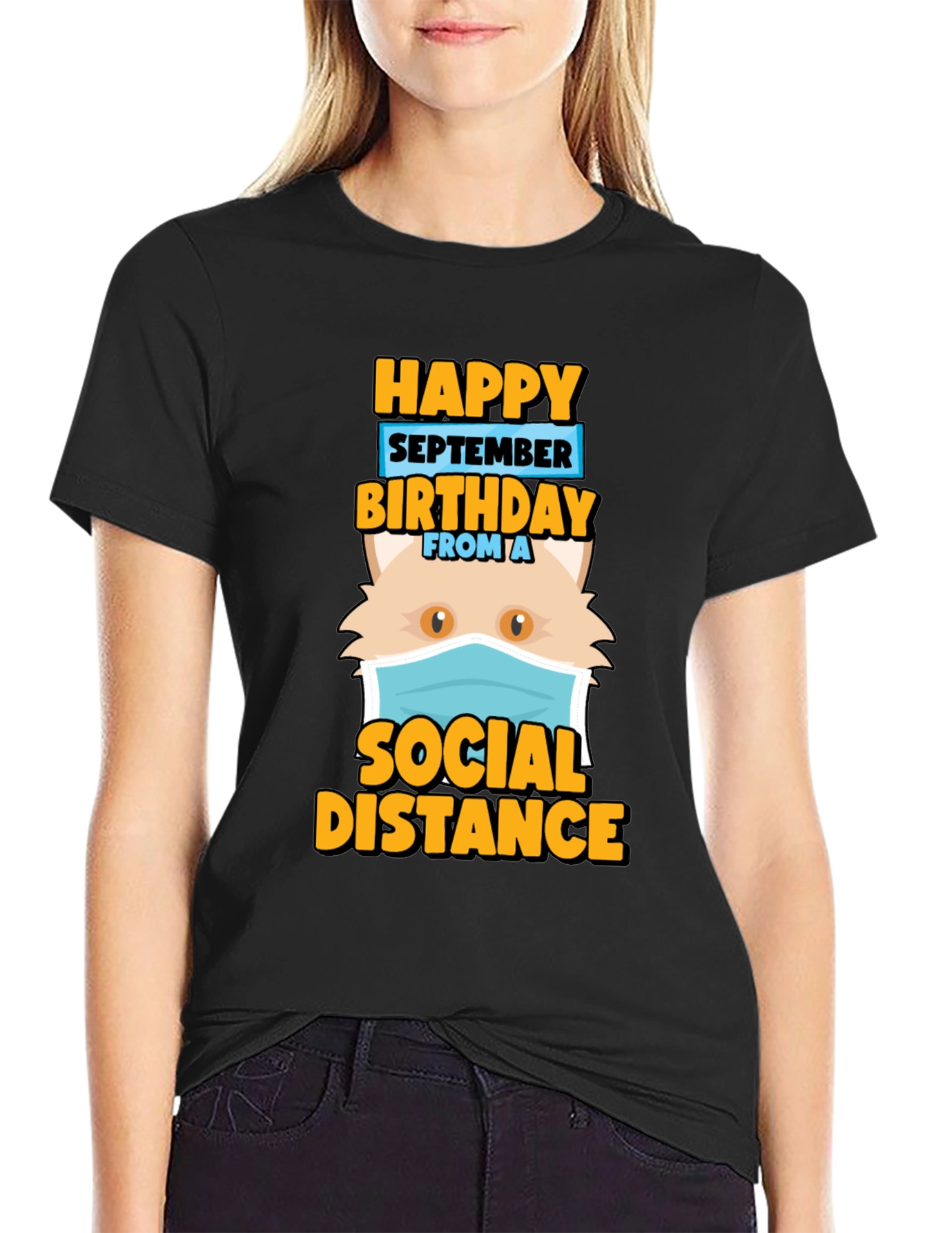 Funny September Birthday Cat Social Distance T-Shirt
