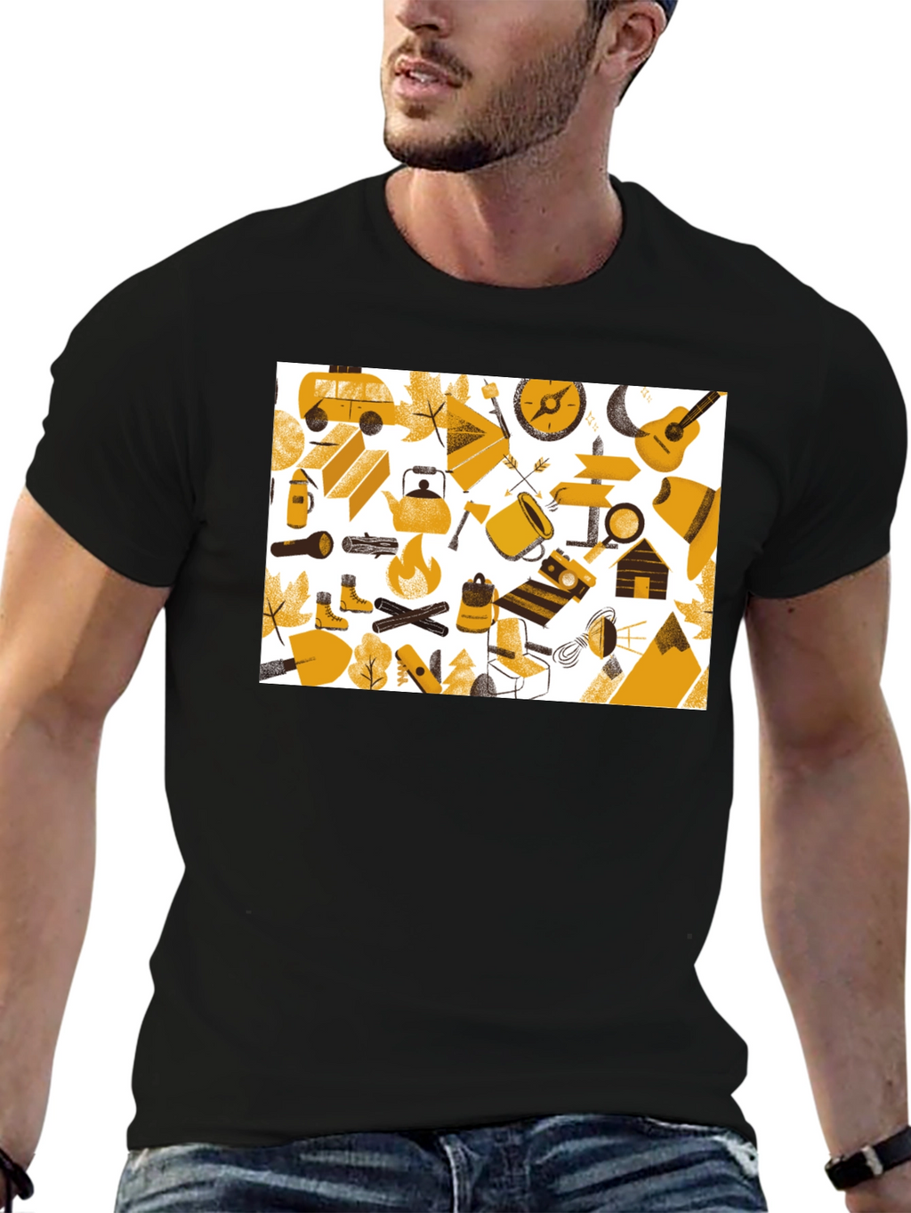 Camping Adventure Graphic Tee - Black Cotton Shirt