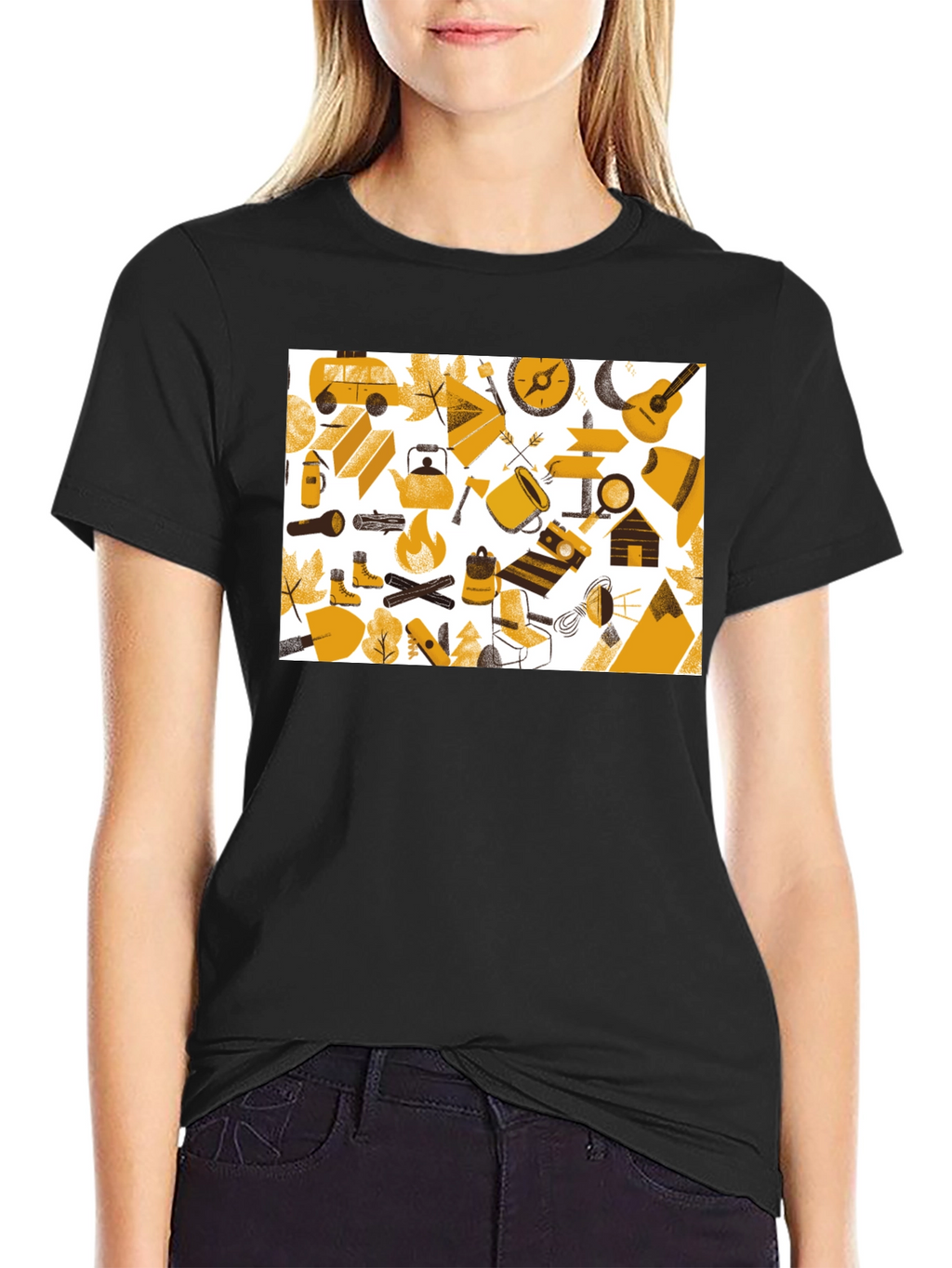 Camping Adventure Graphic Tee - Black Cotton Shirt