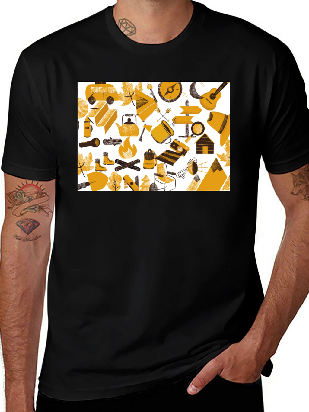 Camping Adventure Graphic Tee - Black Cotton Shirt