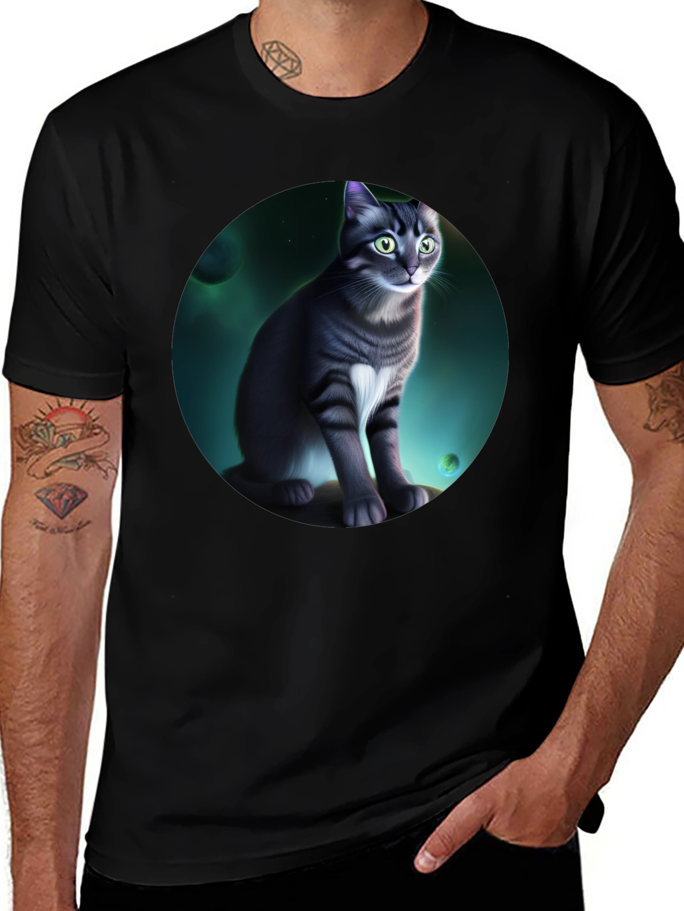 Cosmic Cat Graphic Black T-Shirt