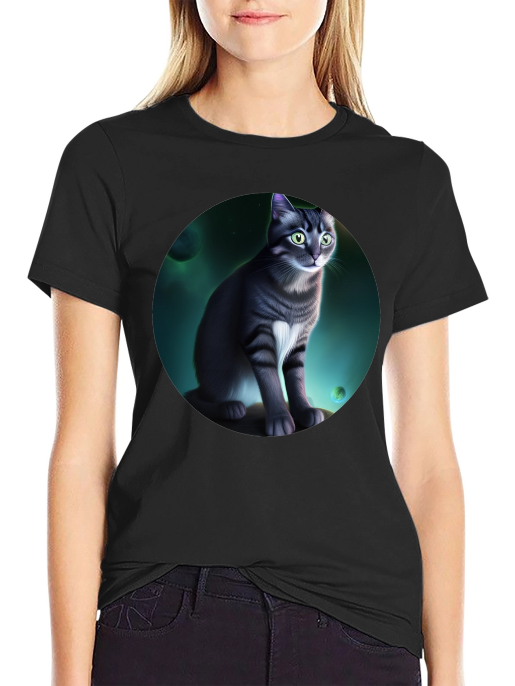 Cosmic Cat Graphic Black T-Shirt