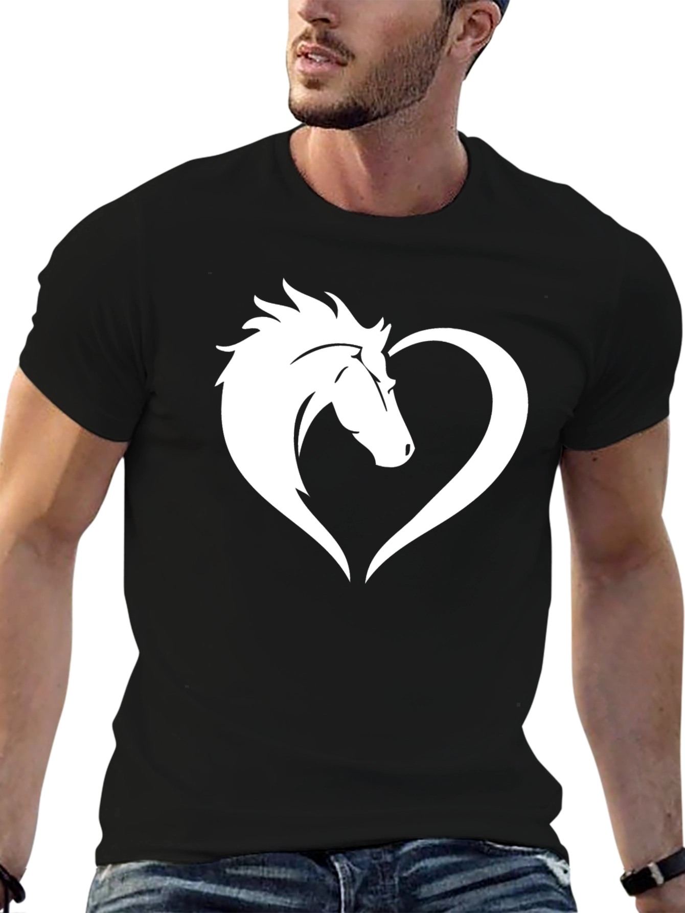 Horse Love Heart Graphic Tee - Black Cotton T-Shirt