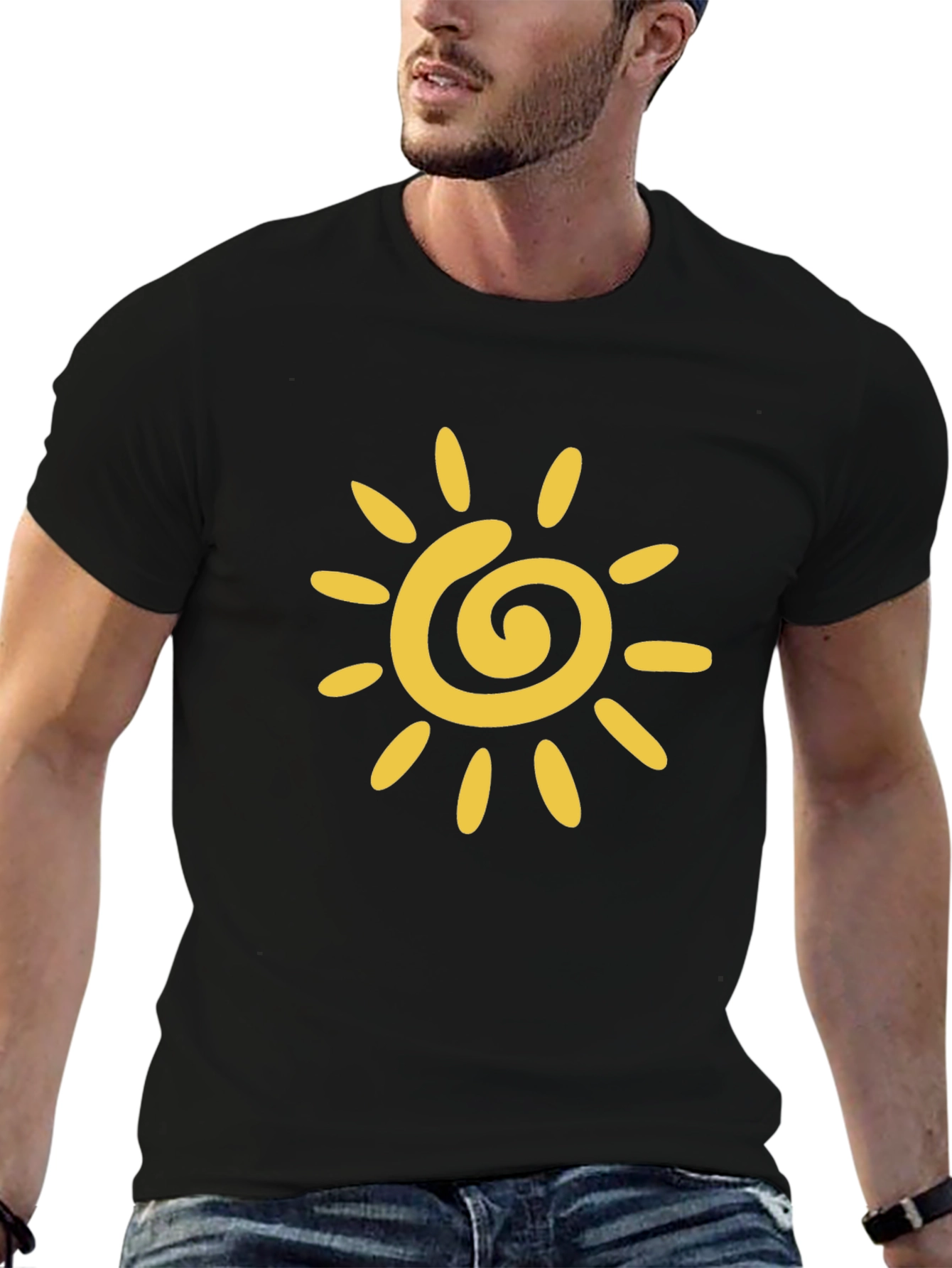 Black T-Shirt with Yellow Sun Graphic