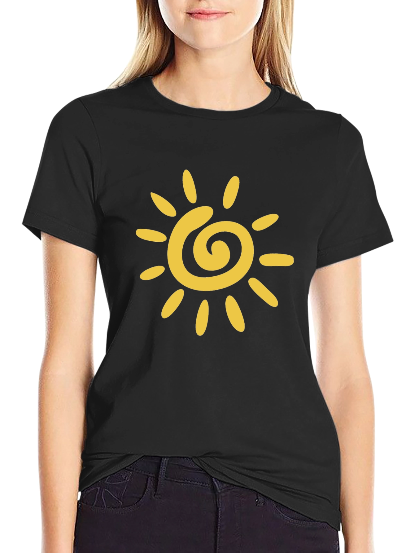 Black T-Shirt with Yellow Sun Graphic