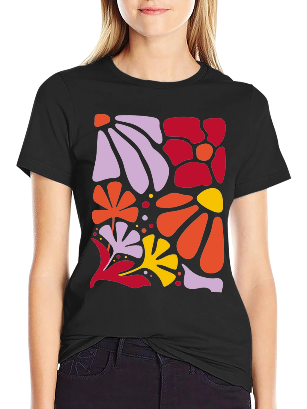 Modern Floral Print Black T-Shirt