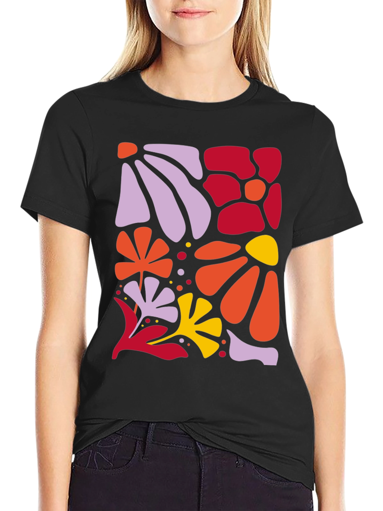 Modern Floral Print Black T-Shirt