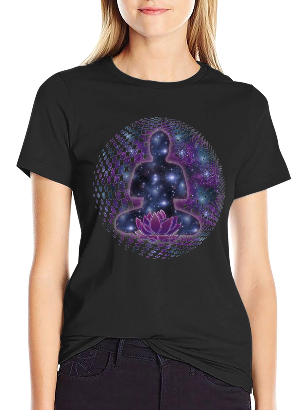 Meditative Galaxy T-Shirt: Cosmic Lotus Design