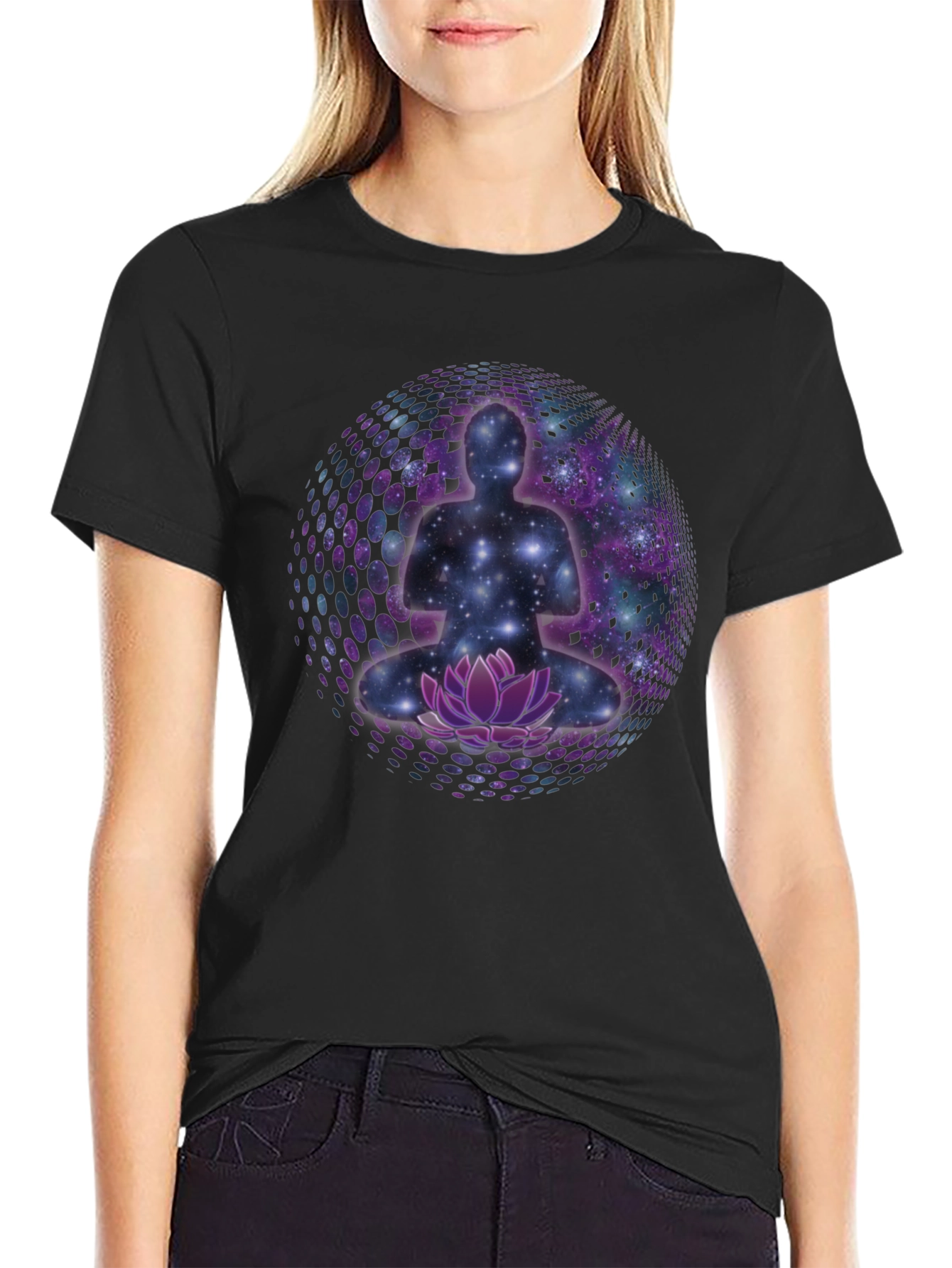 Meditative Galaxy T-Shirt: Cosmic Lotus Design
