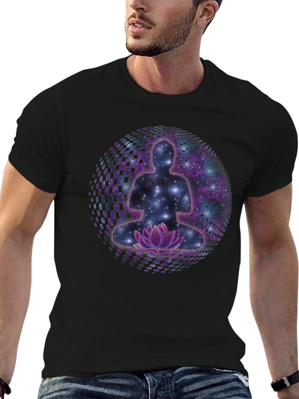 Meditative Galaxy T-Shirt: Cosmic Lotus Design