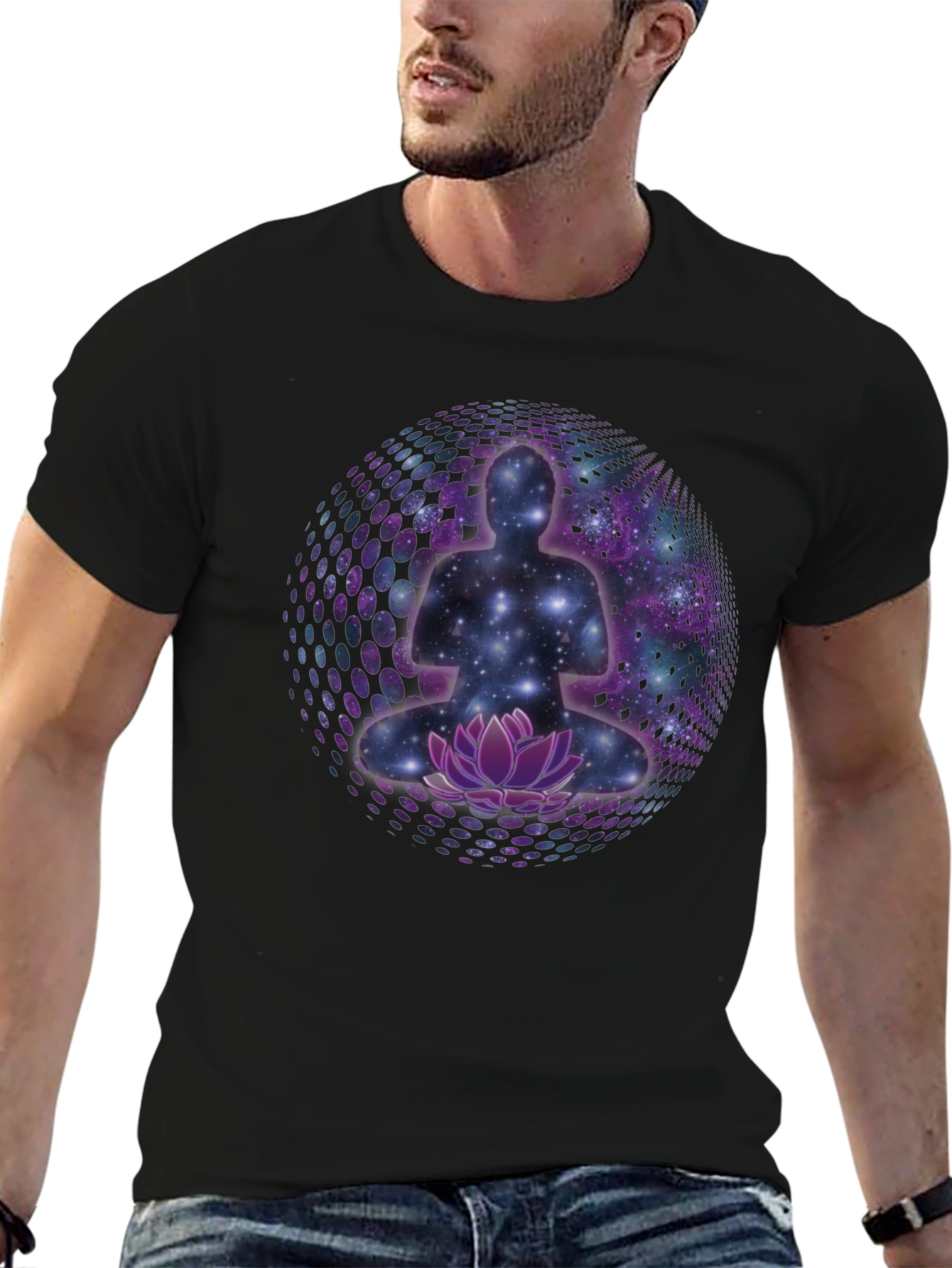 Meditative Galaxy T-Shirt: Cosmic Lotus Design