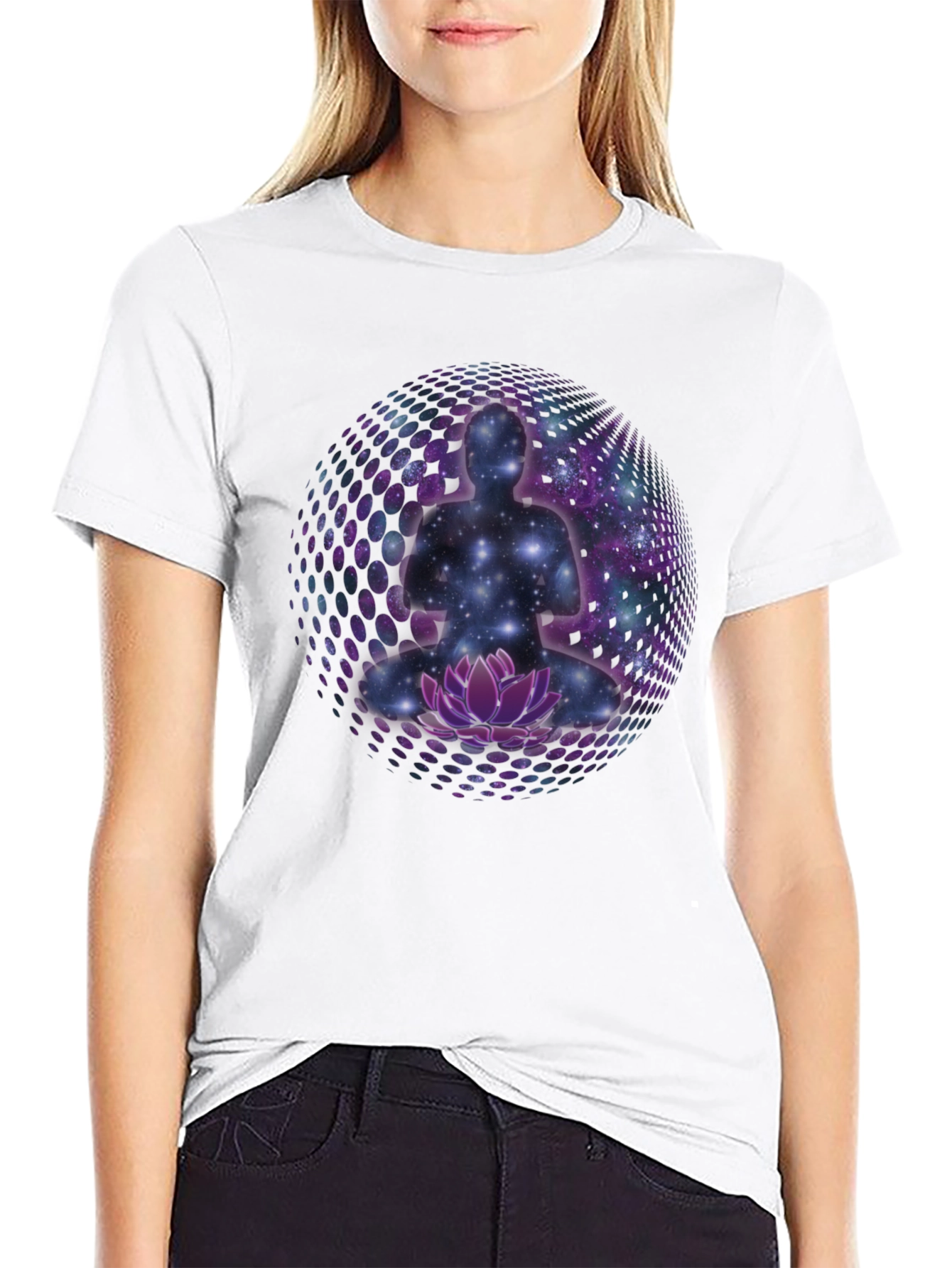 Meditative Galaxy T-Shirt: Cosmic Lotus Design