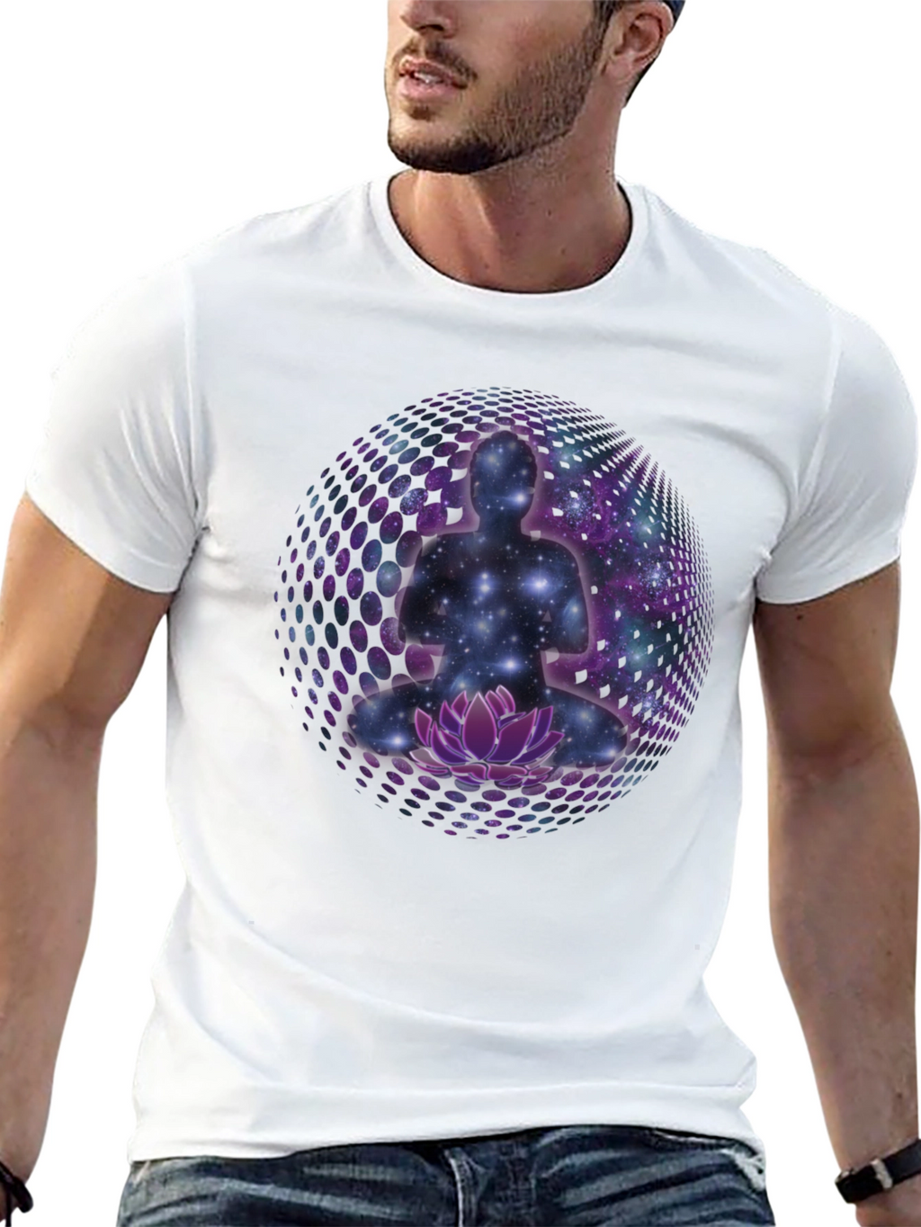 Meditative Galaxy T-Shirt: Cosmic Lotus Design